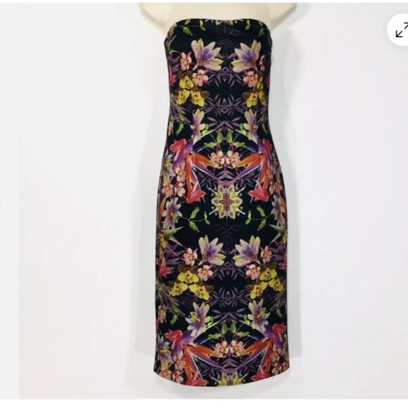 Bebe Strapless Pencil Dress Zipper Lined Back Slit Botanical floral print size M - Picture 1 of 4